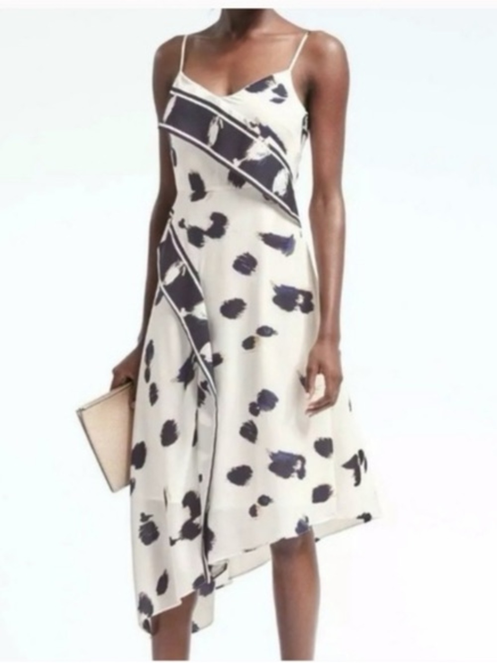 Banana Republic Asymmetrical Cream Slip Dress with Navy Abstract Spots Size 0